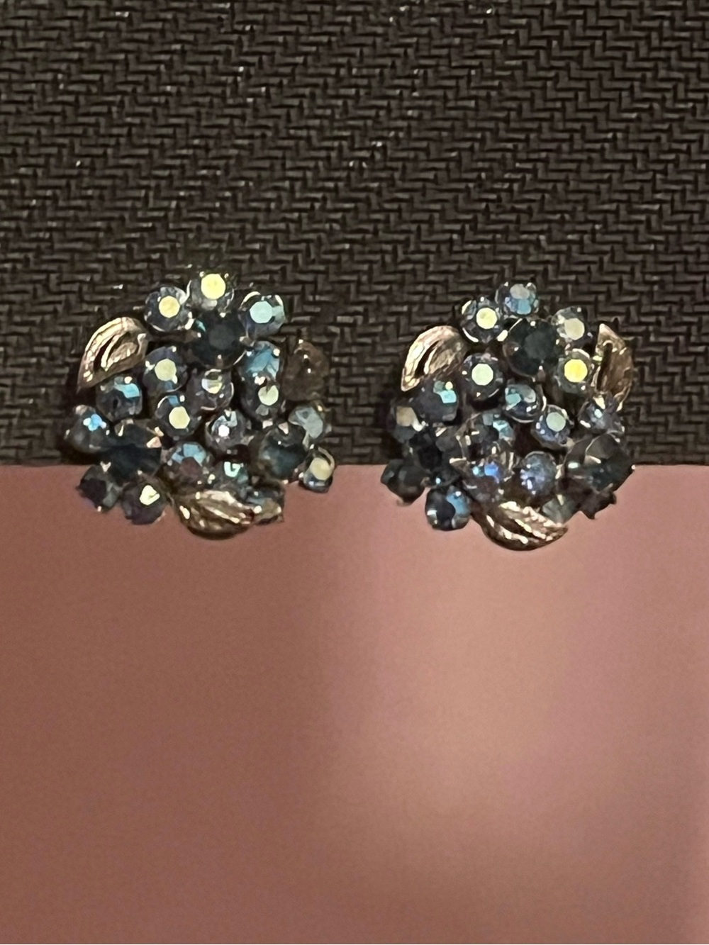 Vintage Blue Rhinestone Cluster Floral Clip-On Earrings
